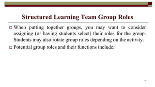 Structured Learning Team Group Roles
 When putting together groups, you may want to consider
assigning (or having students select) their roles for the group.
Students may also rotate group roles depending on the activity.
 Potential group roles and their functions include:
28
 