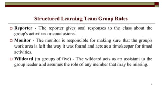 Structured Learning Team Group Roles
 Reporter - The reporter gives oral responses to the class about the
group's activities or conclusions.
 Monitor - The monitor is responsible for making sure that the group's
work area is left the way it was found and acts as a timekeeper for timed
activities.
 Wildcard (in groups of five) - The wildcard acts as an assistant to the
group leader and assumes the role of any member that may be missing.
31
 