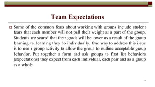 Team Expectations
 Some of the common fears about working with groups include student
fears that each member will not pull their weight as a part of the group.
Students are scared that their grade will be lower as a result of the group
learning vs. learning they do individually. One way to address this issue
is to use a group activity to allow the group to outline acceptable group
behavior. Put together a form and ask groups to first list behaviors
(expectations) they expect from each individual, each pair and as a group
as a whole.
34
 