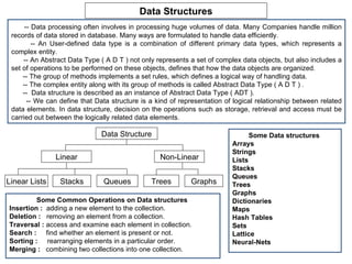 Data Structures
      -- Data processing often involves in processing huge volumes of data. Many Companies handle million
 records of data stored in database. Many ways are formulated to handle data efficiently.
         -- An User-defined data type is a combination of different primary data types, which represents a
 complex entity.
     -- An Abstract Data Type ( A D T ) not only represents a set of complex data objects, but also includes a
 set of operations to be performed on these objects, defines that how the data objects are organized.
     -- The group of methods implements a set rules, which defines a logical way of handling data.
     -- The complex entity along with its group of methods is called Abstract Data Type ( A D T ) .
     -- Data structure is described as an instance of Abstract Data Type ( ADT ).
       -- We can define that Data structure is a kind of representation of logical relationship between related
 data elements. In data structure, decision on the operations such as storage, retrieval and access must be
 carried out between the logically related data elements.

                              Data Structure                                    Some Data structures
                                                                          Arrays
                                                                          Strings
               Linear                             Non-Linear              Lists
                                                                          Stacks
                                                                          Queues
Linear Lists     Stacks        Queues          Trees        Graphs        Trees
                                                                          Graphs
         Some Common Operations on Data structures                        Dictionaries
Insertion : adding a new element to the collection.                       Maps
Deletion : removing an element from a collection.                         Hash Tables
Traversal : access and examine each element in collection.                Sets
Search : find whether an element is present or not.                       Lattice
Sorting : rearranging elements in a particular order.                     Neural-Nets
Merging : combining two collections into one collection.
 