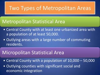 Two Types of Metropolitan Areas

Metropolitan Statistical Area
• Central County with at least one urbanized area with
  a population of at least 50,000.
• Outlying areas with a large number of commuting
  residents.

Micropolitan Statistical Area
• Central County with a population of 10,000 – 50,000
• Outlying counties with significant social and
  economic integration
 