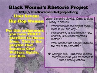 Black Women’s Rhetoric Project
http:// blackwomenrhetproject.org
Unit Seven:
Hip Hop Women
For this assignment,
you have THREE
playlists to choose
from. This is the
playlist that
features Graf
Writers, Bgirls,
and DJs.
Watch the entire playlist. Come to class
ready to discuss:
1. Which video on the playlist spoke
most to you and why?
2. How and why is this rhetoric? How
and why is this black women’s
rhetoric?
3. What connections can you make to
the rest of the semester?
No writing is due. Just come to class
ready to discuss your responses to
these three questions.
 