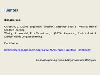 Fuentes
Bibliográficas:
Chapman, J. (2009). Sequences, Teacher’s Resource Book 5. México: Heinle
Cengage Learning.
Waring, R., Woodall, P. y Thomlinson, J. (2009). Sequences, Student Book 5.
México: Heinle Cengage Learning.
Electrónicas:
http://images.google.com/images?gbv=2&hl=en&sa=3&q=food+for+thought
Elaborado por: Ing. Sonia Margarita Osuna RodríguezElaborado por: Ing. Sonia Margarita Osuna Rodríguez
 