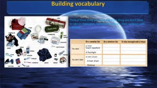 Think of three thing you need and three thing you don’t need
to take on these trips. Complete the chart. Then compare with
a partner.

Insert repellent
A flashlight

A haer dryer
Makeup

 