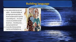 Grammar advice and suggestions
What should I take?

Should I take these shoes?
You should take a hat.
You shouldn’t take high heels.
You could borrow your dad’s hat.

You need to have warm clothes.

Do you want to pack some other shoes?

Why don’t you take a hat?
It’s a good idea to pack a jacket.
Take a flashlight.
Don’t forget to pack some batteries.

 