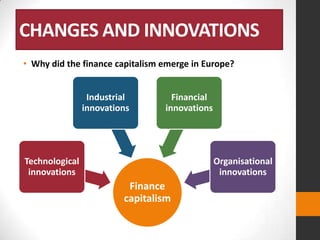 CHANGES AND INNOVATIONS
• Why did the finance capitalism emerge in Europe?
Industrial
innovations

Financial
innovations

Technological
innovations

Organisational
innovations

Finance
capitalism

 