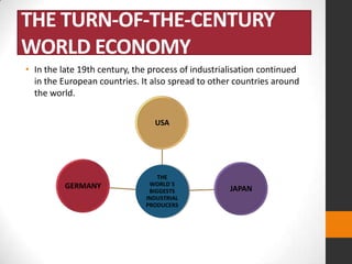 THE TURN-OF-THE-CENTURY
WORLD ECONOMY
• In the late 19th century, the process of industrialisation continued
in the European countries. It also spread to other countries around
the world.
USA

GERMANY

THE
WORLD´S
BIGGESTS
INDUSTRIAL
PRODUCERS

JAPAN

 