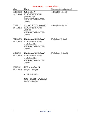 Math 5HBC (FDWK 4th
ed)
Day Topic Homework Assignment
MII31(76) Let ln(e) = ? (4.4) pp183-185: m5
2017.0109 READ/WRITE NOW:
p185: MCQ 1-4
VIEW/NOTATE LATER:
(tbl7-4)
TII32(77) f(x) = ex
 f -1
(x) = ln(x)? (4.4) pp183-185: m4
2017.0110 READ/WRITE NOW:
p185: 63
VIEW/NOTATE LATER:
(tbl7-5)
WII33(78) What about Diff Equs? Worksheet 11.5 m5
2017.0111 READ/WRITE NOW:
worksheet 11.5
VIEW/NOTATE LATER:
(tbl7-6)
II34(79) What about Diff Equs? Worksheet 11.5 m54
2017.0112 READ/WRITE NOW:
worksheet 11.5
VIEW/NOTATE LATER:
(tbl7-6)
FII35(80) FRQ – preTest7A
2017.0113 TBQ29 + TBQ31
+ TAKE HOME:
FRQ – Test7B – ex
& ln(x)
TBQ30 + TBQ32
UNIT7.BCs
 