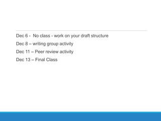 Dec 6 - No class - work on your draft structure
Dec 8 – writing group activity
Dec 11 – Peer review activity
Dec 13 – Final Class
 
