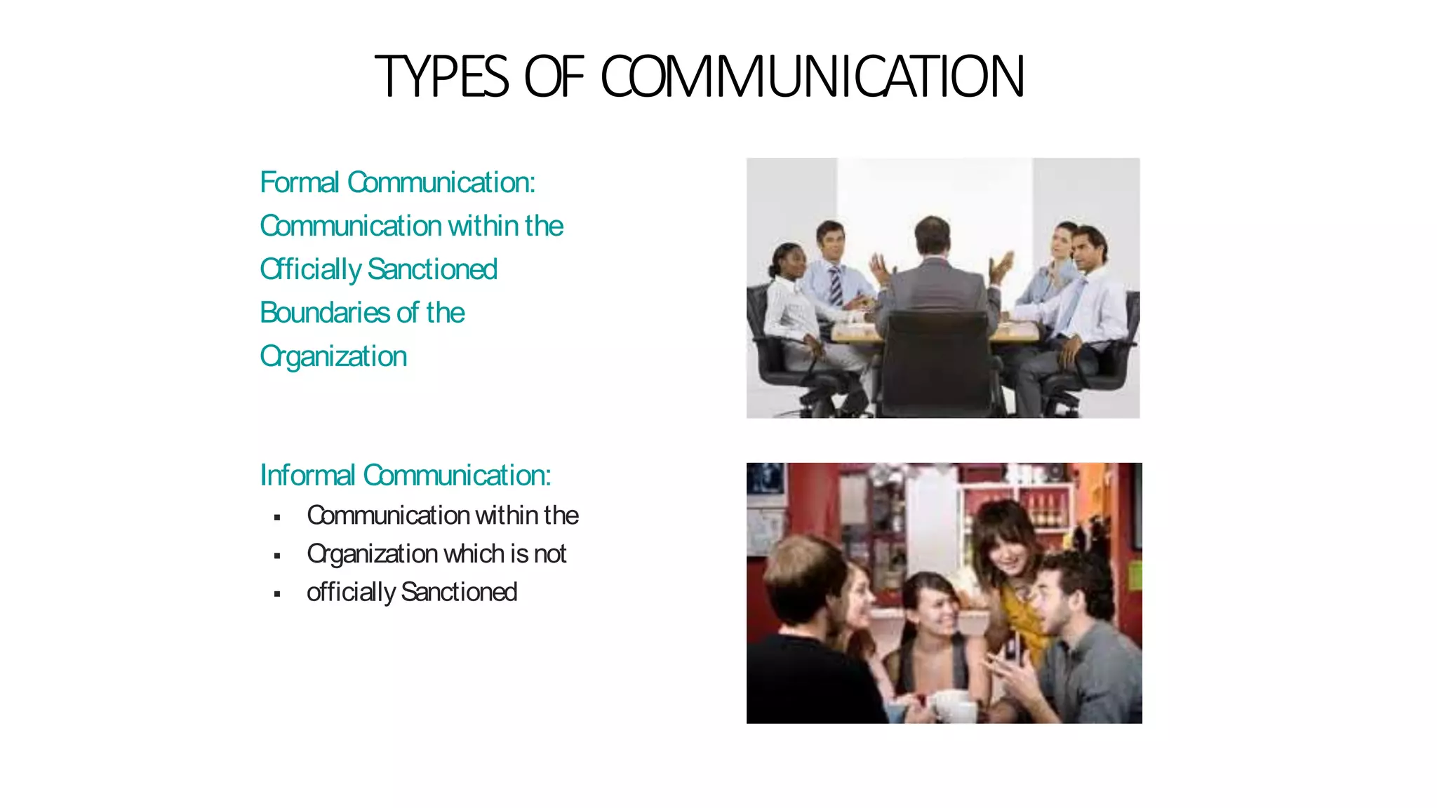 TYPES OF COMMUNICATION
Formal Communication:
Communication within the
OfficiallySanctioned
Boundaries of the
Organization
Informal Communication:
 Communicationwithin the
 Organization which isnot
 officiallySanctioned
 