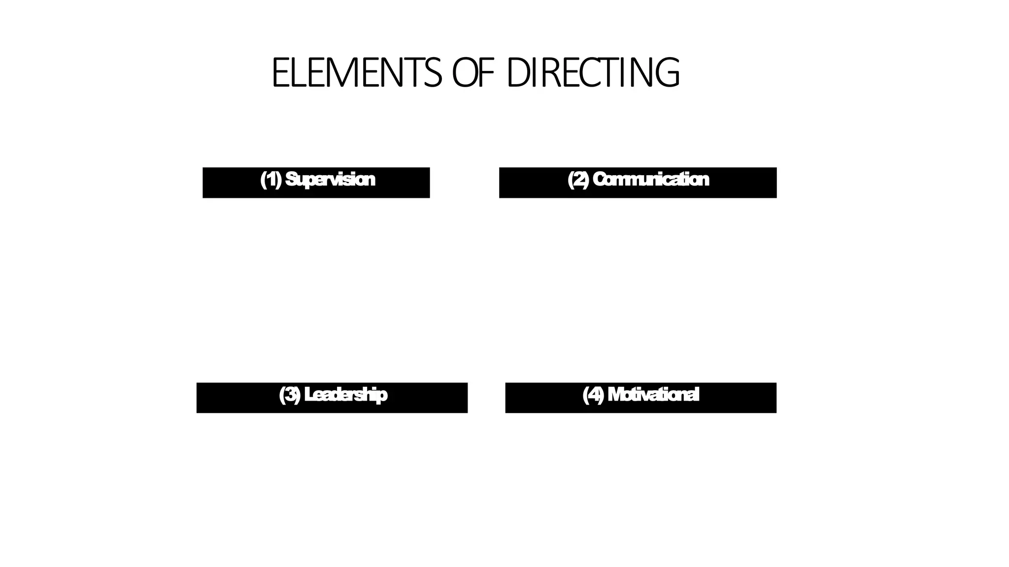 (3)Leadership
(2)Communication(1)Supervision
(4)Motivational
ELEMENTSOF DIRECTING
 