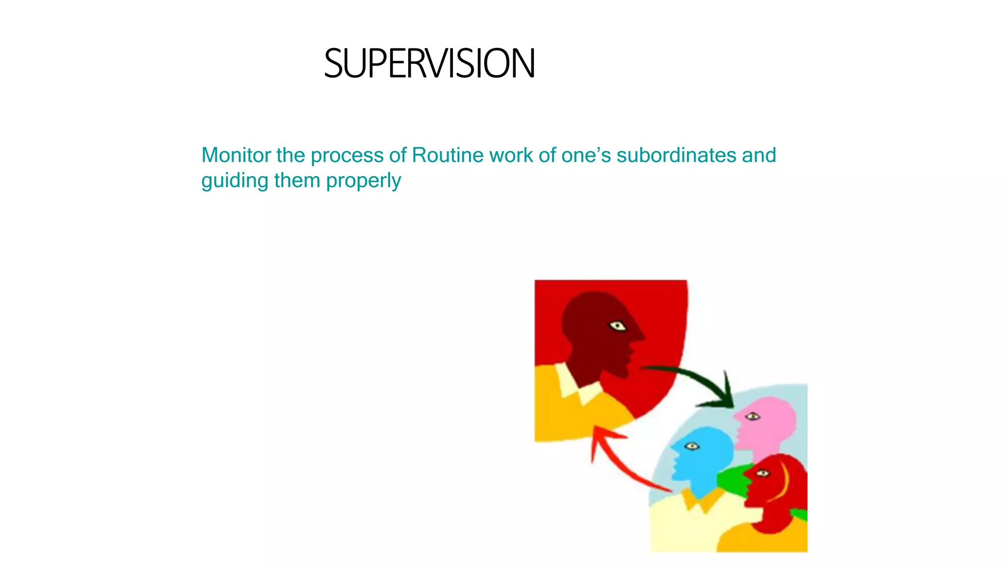 SUPERVISION
Monitor the process of Routine work of one’s subordinates and
guiding them properly
 