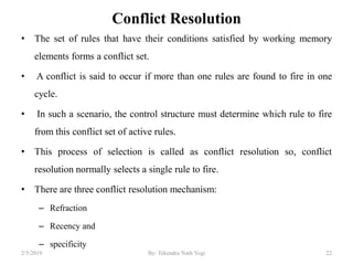 Conflict Resolution
• The set of rules that have their conditions satisfied by working memory
elements forms a conflict set.
• A conflict is said to occur if more than one rules are found to fire in one
cycle.
• In such a scenario, the control structure must determine which rule to fire
from this conflict set of active rules.
• This process of selection is called as conflict resolution so, conflict
resolution normally selects a single rule to fire.
• There are three conflict resolution mechanism:
– Refraction
– Recency and
– specificity
222/5/2019 By: Tekendra Nath Yogi
 