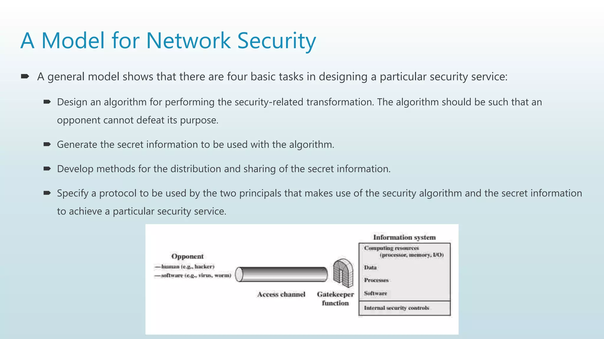 A Model for Network Security
 A general model shows that there are four basic tasks in designing a particular security service:
 Design an algorithm for performing the security-related transformation. The algorithm should be such that an
opponent cannot defeat its purpose.
 Generate the secret information to be used with the algorithm.
 Develop methods for the distribution and sharing of the secret information.
 Specify a protocol to be used by the two principals that makes use of the security algorithm and the secret information
to achieve a particular security service.
 
