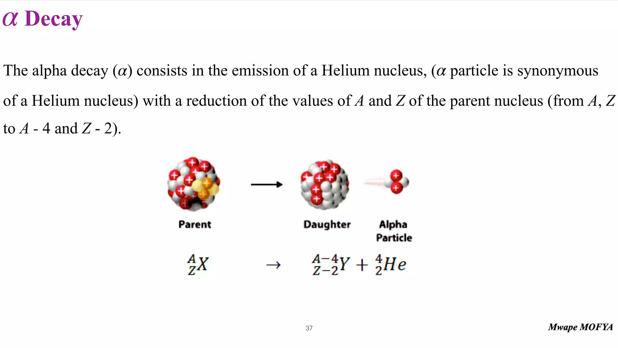 Decay
α
37
The alpha decay ( ) consists in the emission of a Helium nucleus, ( particle is synonymous
of a Helium nucleus) with a reduction of the values of A and Z of the parent nucleus (from A, Z
to A - 4 and Z - 2).
α α
 