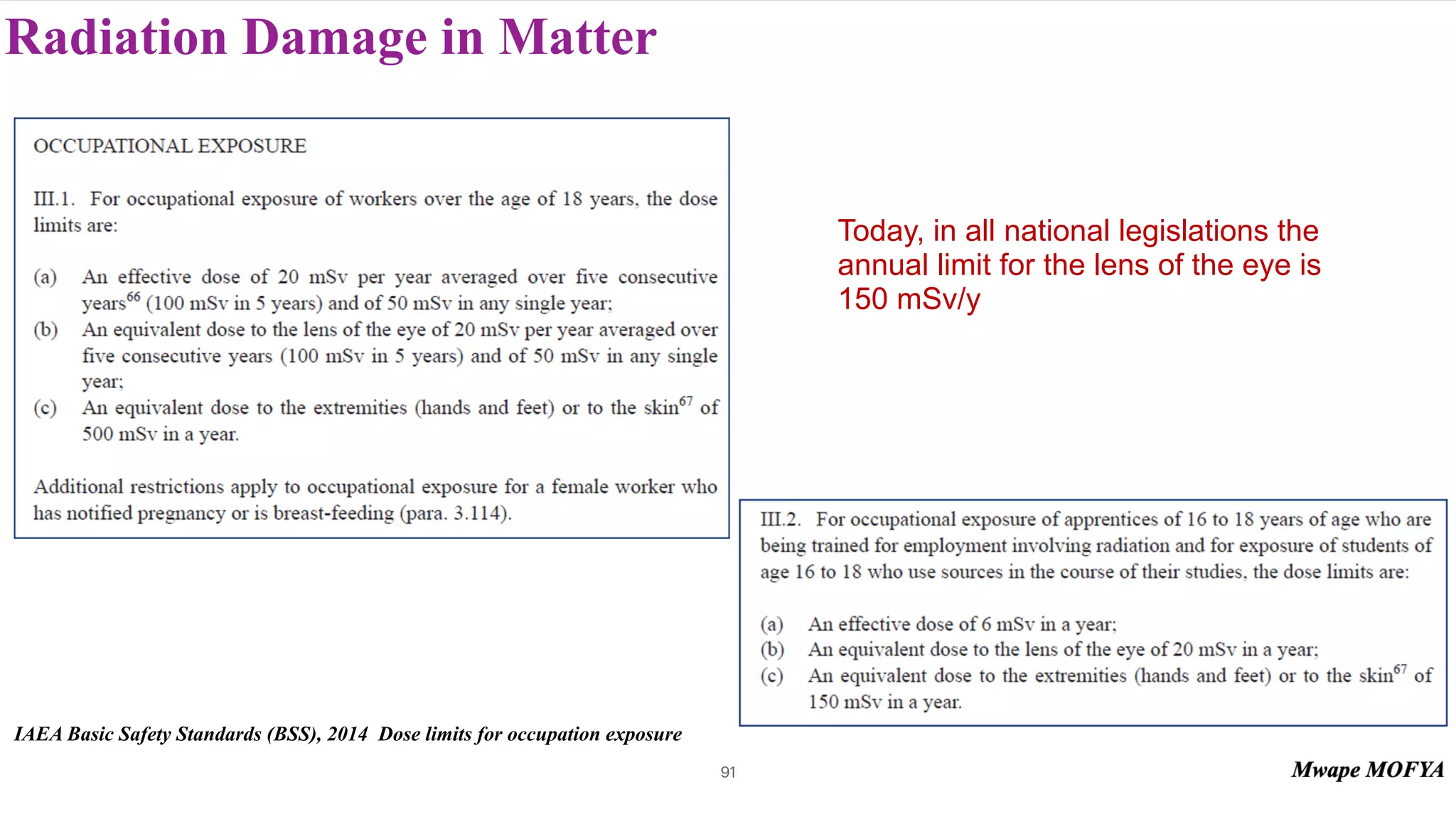 Radiation Damage in Matter
91
Today, in all national legislations the
annual limit for the lens of the eye is
150 mSv/y
IAEA Basic Safety Standards (BSS), 2014 Dose limits for occupation exposure
 