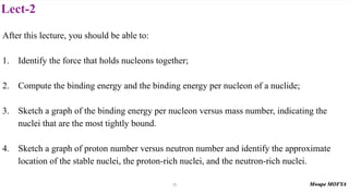 Lect-2
After this lecture, you should be able to:
1. Identify the force that holds nucleons together;
2. Compute the binding energy and the binding energy per nucleon of a nuclide;
3. Sketch a graph of the binding energy per nucleon versus mass number, indicating the
nuclei that are the most tightly bound.
4. Sketch a graph of proton number versus neutron number and identify the approximate
location of the stable nuclei, the proton-rich nuclei, and the neutron-rich nuclei.
13
 