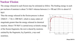 Nuclear Fission
65
The energy released in each fission may be estimated as follow. The binding energy in each
per nucleon of uranium is about 7.6 MeV whereas between and 150 it is about 8.5
MeV
A = 90
Thus the energy released in the fission process is about
, which is many orders of
magnitude greater than the energy released in chemical
reaction. About 170 MeV is carried away as kinetic energy
of the fission fragments; the rest is shared by neutrons
emitted by the fragments, by particle, rays and
neutrinos.
236(8.5 − 7.6) ≈ 200 MeV
β γ
 
