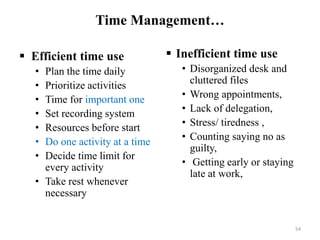 Time Management…
 Efficient time use
• Plan the time daily
• Prioritize activities
• Time for important one
• Set recording system
• Resources before start
• Do one activity at a time
• Decide time limit for
every activity
• Take rest whenever
necessary
 Inefficient time use
• Disorganized desk and
cluttered files
• Wrong appointments,
• Lack of delegation,
• Stress/ tiredness ,
• Counting saying no as
guilty,
• Getting early or staying
late at work,
54
 