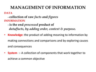 MANAGEMENT OF INFORMATION
DATA
- collection of raw facts and figures
INFORMATION
- is the end processed product of
data/facts, by adding order, context & purpose.
• Knowledge: the product of adding meaning to information by
making connections and comparisons and by exploring causes
and consequences
• System :- A collection of components that work together to
achieve a common objective
 