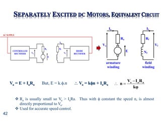 42
E
Ra
Va
Rf
If
Vf
Ia
Nf
armature
winding
field
winding
Va = E + IaRa But, E = k..n  Va = kn + IaRa
kφ
R
I
V
n a
a
a 


CONTROLLED
RECTIFIER
E
Ra
Va
Rf
If
DIODE
RECTIFIER
Vf
AC SUPPLY
 Ra is usually small so Va > IaRa. Thus with  constant the speed n, is almost
directly proportional to Va.
 Used for accurate speed control.
 