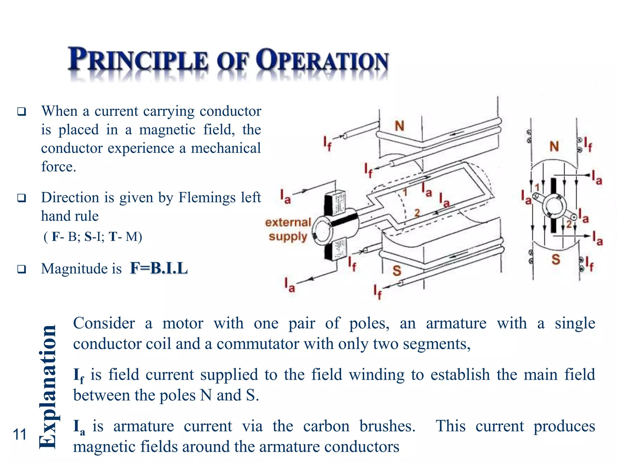11
 When a current carrying conductor
is placed in a magnetic field, the
conductor experience a mechanical
force.
 Direction is given by Flemings left
hand rule
( F- B; S-I; T- M)
 Magnitude is F=B.I.L
Consider a motor with one pair of poles, an armature with a single
conductor coil and a commutator with only two segments,
If is field current supplied to the field winding to establish the main field
between the poles N and S.
Ia is armature current via the carbon brushes. This current produces
magnetic fields around the armature conductors
Explanation
 