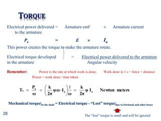 28
Electrical power delivered = Armature emf  Armature current
to the armature
Pa = E  Ia
This power creates the torque to make the armature rotate.
Electrical torque developed = Electrical power delivered to the armature
in the armature Angular velocity
Remember: Power is the rate at which work is done; Work done in 1 s = force × distance
Power = work done / time taken
meters
Newton
I
φ
2π
k
ω
I
ω
φ
2π
k
ω
P
T a
a
a
e 









1
Mechanical torque|at the shaft = Electrical torque - “Lost” torque|due to frictional and other losses
The “lost” torque is small and will be ignored
 
