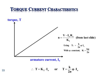 33
slide)
last
(from
K
R
I
V
n
1
a
a


2π
kφ
K
constant,
φ
With 2 
a
e I
φ
2π
k
T
Using 
torque, T
armature current, Ia
a
a
2 I
φ
2π
k
T
or
I
K
T 




 