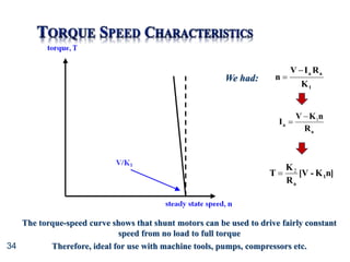 34
K
R
I
V
n
1
a
a


n]
K
-
[V
R
K
T 1
a
2

We had:
a
a
R
n
K
V
I 1


The torque-speed curve shows that shunt motors can be used to drive fairly constant
speed from no load to full torque
Therefore, ideal for use with machine tools, pumps, compressors etc.
 