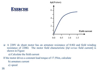 35
 A 220V dc shunt motor has an armature resistance of 0.8 and field winding
resistance of 220. The motor field characteristic [k versus field current] is
shown in Figure
a) Calculate the field current
If the motor drives a constant load torque of 17.5Nm, calculate
b) armature current
c) speed
Field current
(A)
0.5 1.5
0.0 1.0
2
4
6
k (Vs/rev)
 