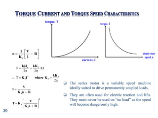 39
torque, T
current, I
torque, T
steady state
speed, n







 R
I
V
K
1
n
4









2
.
2
2
3
3
kK
K
where
I
K
T
I
I
kK
I
k
T
5
2
5
a
R
n
K
V
I
4 

2
4
5
R
n
K
V
K
T 







 The series motor is a variable speed machine
ideally suited to drive permanently coupled loads.
 They are often used for electric traction and lifts.
They must never be used on “no load” as the speed
will become dangerously high.
 