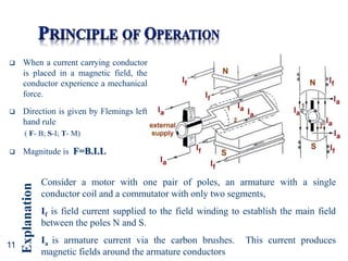 11
 When a current carrying conductor
is placed in a magnetic field, the
conductor experience a mechanical
force.
 Direction is given by Flemings left
hand rule
( F- B; S-I; T- M)
 Magnitude is F=B.I.L
Consider a motor with one pair of poles, an armature with a single
conductor coil and a commutator with only two segments,
If is field current supplied to the field winding to establish the main field
between the poles N and S.
Ia is armature current via the carbon brushes. This current produces
magnetic fields around the armature conductors
Explanation
 