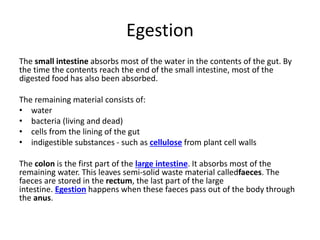 Egestion
The small intestine absorbs most of the water in the contents of the gut. By
the time the contents reach the end of the small intestine, most of the
digested food has also been absorbed.
The remaining material consists of:
• water
• bacteria (living and dead)
• cells from the lining of the gut
• indigestible substances - such as cellulose from plant cell walls
The colon is the first part of the large intestine. It absorbs most of the
remaining water. This leaves semi-solid waste material calledfaeces. The
faeces are stored in the rectum, the last part of the large
intestine. Egestion happens when these faeces pass out of the body through
the anus.
 