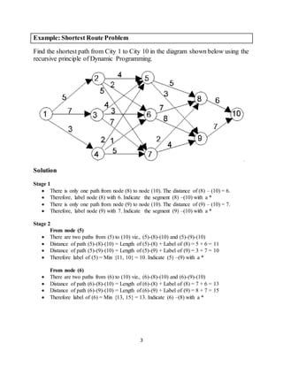 3
Example: Shortest Route Problem
Find the shortest path from City 1 to City 10 in the diagram shown below using the
recursive principle of Dynamic Programming.
Solution
Stage 1
 There is only one path from node (8) to node (10). The distance of (8) – (10) = 6.
 Therefore, label node (8) with 6. Indicate the segment (8) –(10) with a *
 There is only one path from node (9) to node (10). The distance of (9) – (10) = 7.
 Therefore, label node (9) with 7. Indicate the segment (9) –(10) with a *
Stage 2
From node (5)
 There are two paths from (5) to (10) viz., (5)-(8)-(10) and (5)-(9)-(10)
 Distance of path (5)-(8)-(10) = Length of (5)-(8) + Label of (8) = 5 + 6 = 11
 Distance of path (5)-(9)-(10) = Length of (5)-(9) + Label of (9) = 3 + 7 = 10
 Therefore label of (5) = Min {11, 10} = 10. Indicate (5) –(9) with a *
From node (6)
 There are two paths from (6) to (10) viz., (6)-(8)-(10) and (6)-(9)-(10)
 Distance of path (6)-(8)-(10) = Length of (6)-(8) + Label of (8) = 7 + 6 = 13
 Distance of path (6)-(9)-(10) = Length of (6)-(9) + Label of (9) = 8 + 7 = 15
 Therefore label of (6) = Min {13, 15} = 13. Indicate (6) –(8) with a *
 