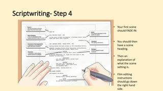 Scriptwriting- Step 4
• Your first scene
should FADE IN:
• You should then
have a scene
heading.
• Then an
explanation of
what the scene
setting is.
• Film editing
instructions
should go down
the right hand
side.
 
