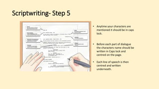 Scriptwriting- Step 5
• Anytime your characters are
mentioned it should be in caps
lock.
• Before each part of dialogue
the characters name should be
written in Caps lock and
centred on the page.
• Each line of speech is then
centred and written
underneath.
 
