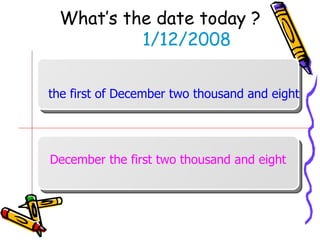 What’s the date today ?   1/12/2008 the first of December two thousand and eight December the first two thousand and eight 
