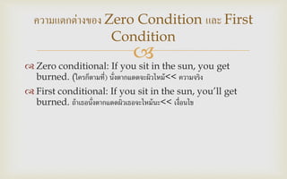  Zero conditional: If you sit in the sun, you get
burned. (ใครก็ตามที่) นั่งตากแดดจะผิวไหม้<< ความจริง
 First conditional: If you sit in the sun, you’ll get
burned. ถ้าเธอนั่งตากแดดผิวเธอจะไหม้นะ<< เงื่อนไข
ความแตกต่างของ Zero Condition และ First
Condition
 