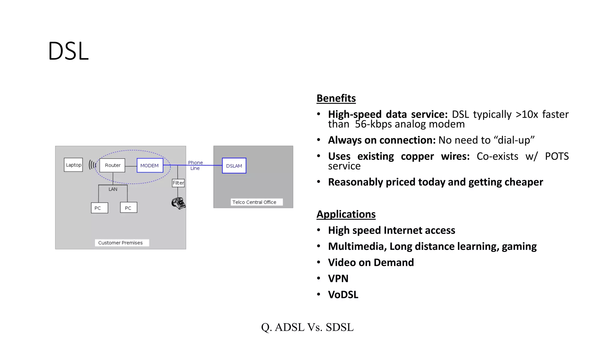 DSL
Benefits
• High-speed data service: DSL typically >10x faster
than 56-kbps analog modem
• Always on connection: No need to “dial-up”
• Uses existing copper wires: Co-exists w/ POTS
service
• Reasonably priced today and getting cheaper
Applications
• High speed Internet access
• Multimedia, Long distance learning, gaming
• Video on Demand
• VPN
• VoDSL
Q. ADSL Vs. SDSL
 