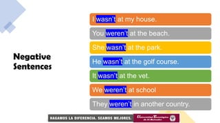 Negative
Sentences
I wasn’t at my house.
You weren’t at the beach.
She wasn’t at the park.
He wasn’t at the golf course.
It wasn’t at the vet.
We weren’t at school
They weren’t in another country.
 