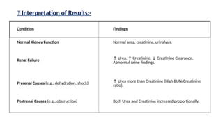 🔹 Interpretation of Results:-
Condition Findings
Normal Kidney Function Normal urea, creatinine, urinalysis.
Renal Failure
↑ Urea, ↑ Creatinine, ↓ Creatinine Clearance,
Abnormal urine findings.
Prerenal Causes (e.g., dehydration, shock) ↑ Urea more than Creatinine (High BUN/Creatinine
ratio).
Postrenal Causes (e.g., obstruction) Both Urea and Creatinine increased proportionally.
 
