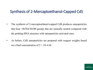 Synthesis of 2-Mercaptoethanol-Capped CdS
• The synthesis of 2-mercaptoethanol-capped CdS produces nanoparticles
that bear ⎯SCH2CH2OH groups that are ionically neutral compared with
the probing DNA structure with nanoparticles activated ones.
• As before, CdS nanoparticles are prepared with reagent weights based
on a final concentration of 2 × 10–4 M.
 