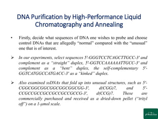 DNA Purification by High-Performance Liquid
Chromatography and Annealing
• Firstly, decide what sequences of DNA one wishes to probe and choose
control DNAs that are allegedly “normal” compared with the “unusual”
one that is of interest.
 In our experiments, select sequences 5′-GGGTCCTCAGCTTGCC-3′ and
complement as a “straight” duplex, 5′-GGTCCAAAAAATTGCC-3′ and
complement as a “bent” duplex, the self-complementary 5′-
GGTCATGGCCATGACC-3′ as a “kinked” duplex.
 Also examined ssDNAs that fold up into unusual structures, such as 5′-
CGGCGGCGGCGGCGGCGGCGG-3′, d(CGG)7, and 5′-
CCGCCGCCGCCGCCGCCGCCG-3′, d(CCG)7. These are
commercially purchased and received as a dried-down pellet (“trityl
off”) on a 1-μmol scale.
 
