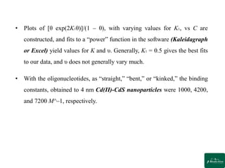 • Plots of [θ exp(2K1θ)]/(1 – θ), with varying values for K1, vs C are
constructed, and fits to a “power” function in the software (Kaleidagraph
or Excel) yield values for K and υ. Generally, K1 = 0.5 gives the best fits
to our data, and υ does not generally vary much.
• With the oligonucleotides, as “straight,” “bent,” or “kinked,” the binding
constants, obtained to 4 nm Cd(II)-CdS nanoparticles were 1000, 4200,
and 7200 M^–1, respectively.
 
