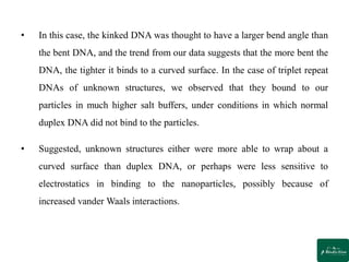 • In this case, the kinked DNA was thought to have a larger bend angle than
the bent DNA, and the trend from our data suggests that the more bent the
DNA, the tighter it binds to a curved surface. In the case of triplet repeat
DNAs of unknown structures, we observed that they bound to our
particles in much higher salt buffers, under conditions in which normal
duplex DNA did not bind to the particles.
• Suggested, unknown structures either were more able to wrap about a
curved surface than duplex DNA, or perhaps were less sensitive to
electrostatics in binding to the nanoparticles, possibly because of
increased vander Waals interactions.
 