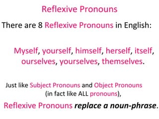 Reflexive   Pronouns There are 8  Reflexive   Pronouns  in English: Myself ,  yourself ,  himself ,  herself ,  itself ,  ourselves ,  yourselves ,  themselves .  Just like  Subject Pronouns  and  Object Pronouns   (in fact like ALL  pronouns ),  Reflexive Pronouns   replace a noun-phrase . 