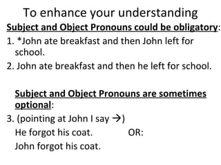 To enhance your understanding Subject and Object Pronouns could be obligatory :  1. *John ate breakfast and then John left for school.  2. John ate breakfast and then he left for school. Subject and Object Pronouns are sometimes optional :  3. (pointing at John I say   )  He forgot his coat.  OR:  John forgot his coat.  
