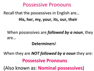 Possessive Pronouns Recall that the possessives in English are… His, her, my, your, its, our, their  When possessives are  followed by a noun , they are… Determiners ! When they are  NOT followed by a noun  they are:  Possessive Pronouns (Also known as:  Nominal possessives )   