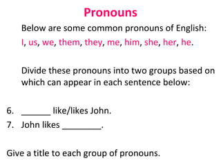 Pronouns Below are some common pronouns of English:  I ,  us ,  we ,  them ,  they ,  me ,  him ,  she ,  her ,  he .  Divide these pronouns into two groups based on which can appear in each sentence below:  ______ like/likes John.  John likes ________.  Give a title to each group of pronouns.  