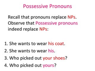 Possessive Pronouns Recall that pronouns replace  NPs . Observe that  Possessive pronouns  indeed replace  NPs :  1. She wants to wear  his coat .  2. She wants to wear  his .  3. Who picked out  your shoes ?  4. Who picked out  yours ?  